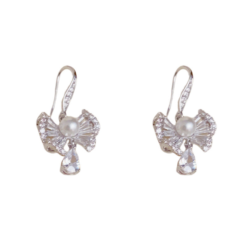 Luxury Zircon Bow & Pearl Teardrop Earrings – Elegant Design