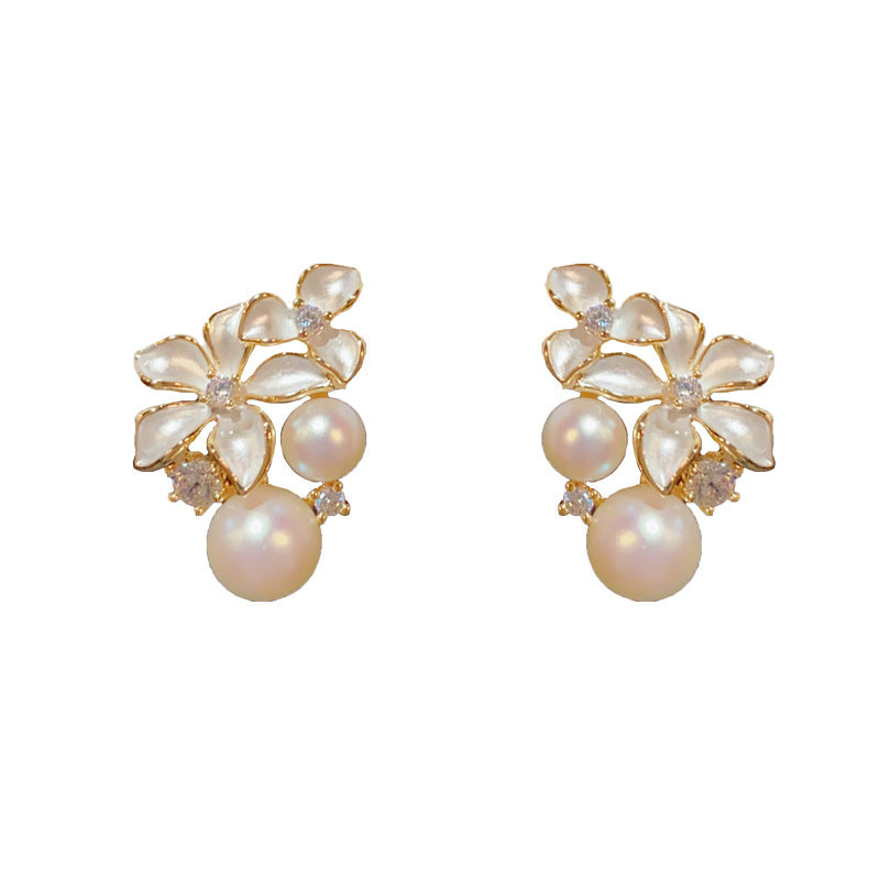 14K Gold-Plated Diamond Inlay Flower Pearl Stud Earrings - Elegant Design