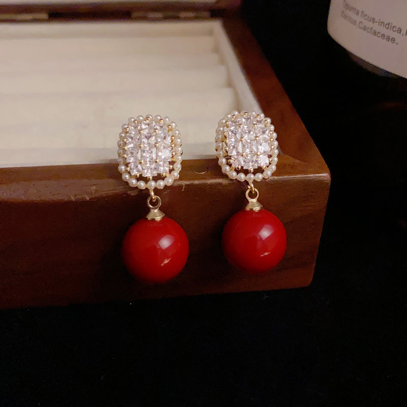 14K Gold-Plated Square Zircon Angora Red Pearl Earrings - Chic & Versatile Jewelry