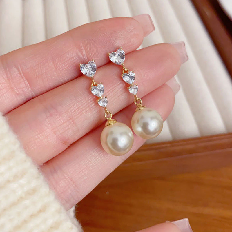Elegant Zircon Heart Pearl Tassel Drop Earrings – Romantic Design