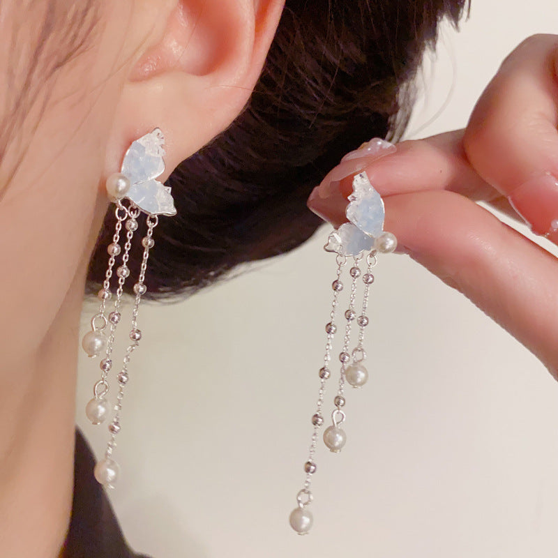 Blue Crystal Butterfly & Pearl Tassel Drop Earrings – Elegant Design