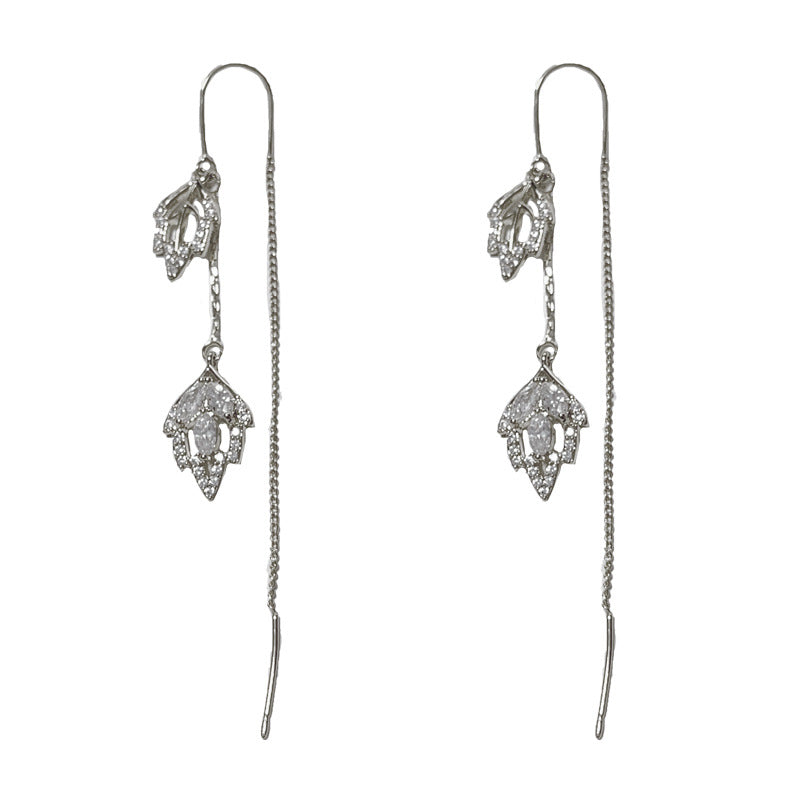 14K Gold-Plated Full Diamond Leaf Tassel Earrings -Elegant Drop Design