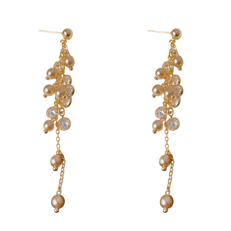 Elegant Pearl & Crystal Long Tassel Drop Earrings – Retro Design