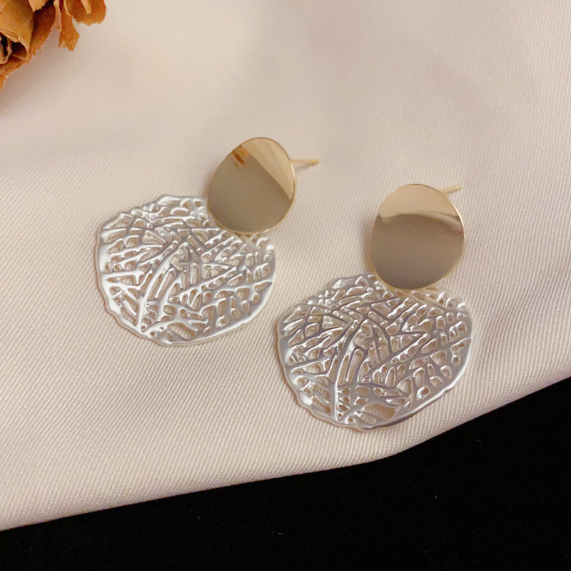 Luxury Metal Bicolor Hollow Round Drop Earrings – S925 Silver Needle