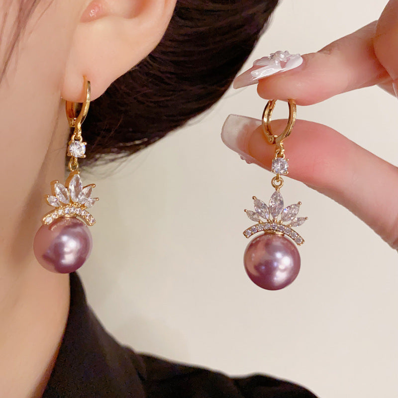 14K Gold-Plated Zircon Crown Purple Pearl Earrings - Luxe Elegance