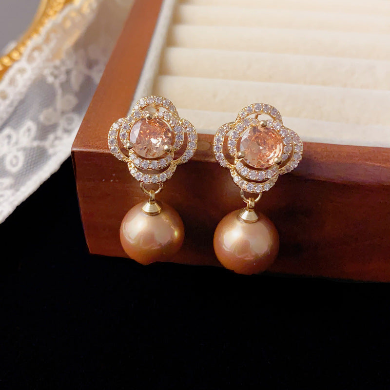 Luxury Zircon Petal Pearl Drop Earrings – French Floral Design