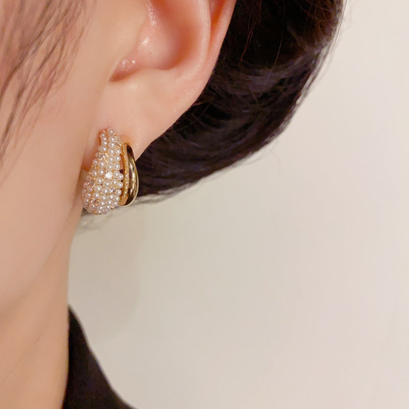 Luxury Zircon & Pearl Double-Layer Stud Earrings – Geometric Design