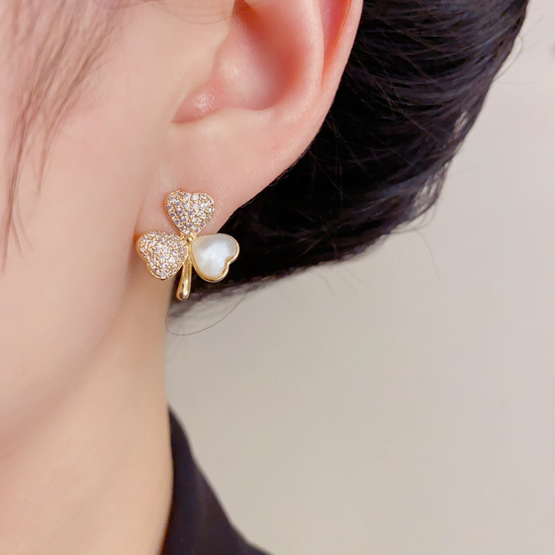 Elegant Zircon 4 Leaf Flower Stud Earrings – French Minimalist Design