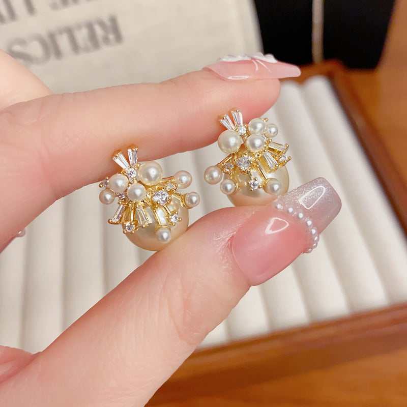 Elegant Zircon Pearl Petal Stud Earrings – French Floral Design