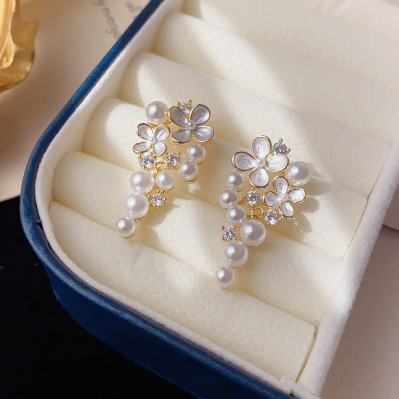 Luxury Zircon Petal Pearl Tassel Drop Earrings – Floral Design