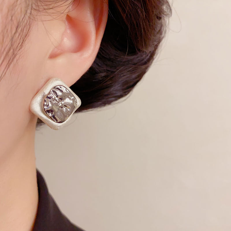 Elegant Metal Square Cotton Ball Stud Earrings – Geometric Design