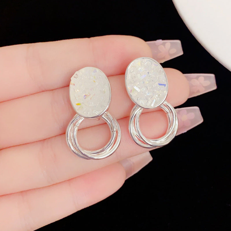Eaioncol Oval Crystal Drop Earrings Silver