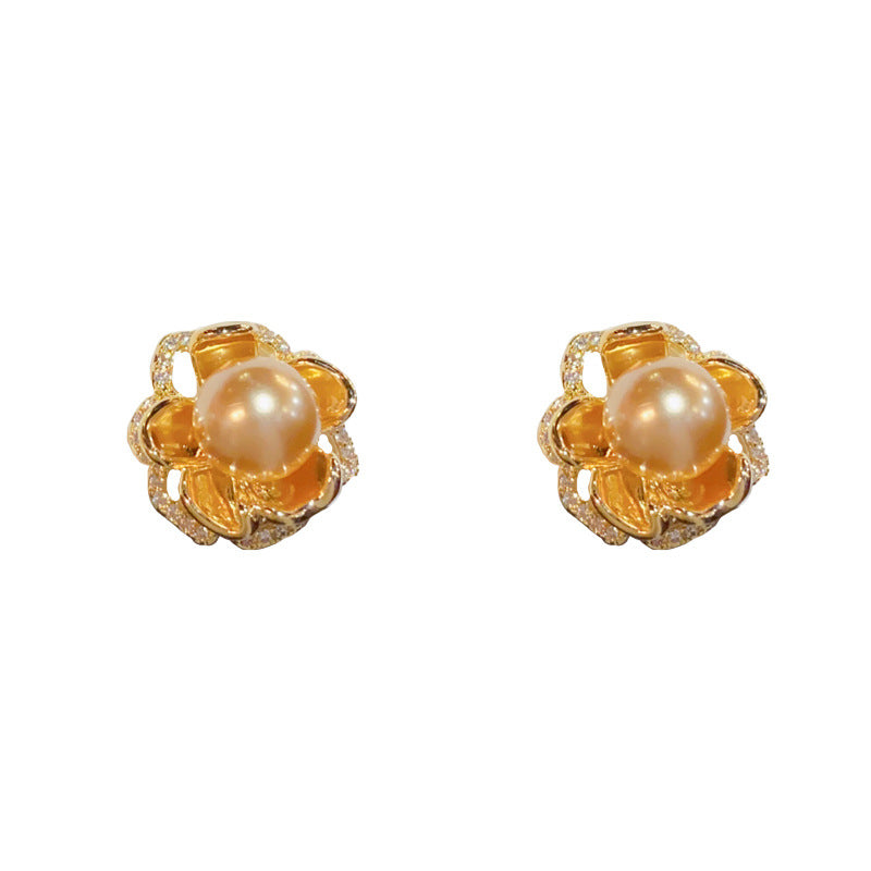 14K Gold-Plated Caramel Zircon Pearl Flower Earrings - Elegant Design