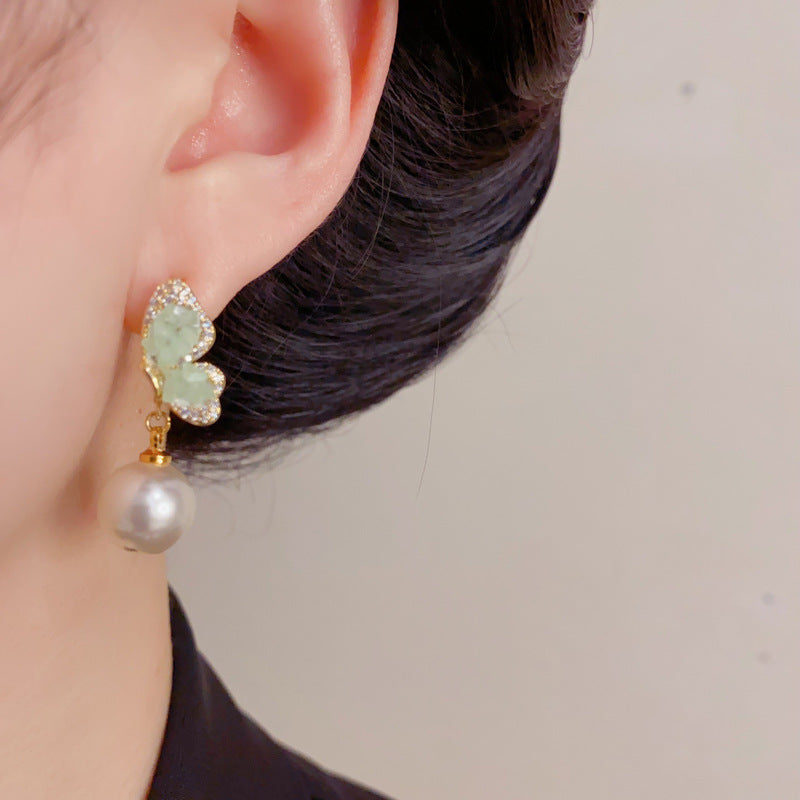 Eaioncol Butterfly Crystal Pearl Drop Earrings Gold