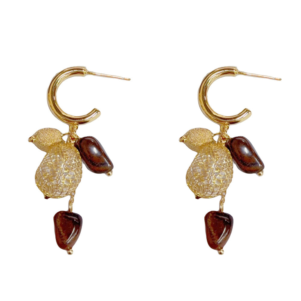 Eaioncol Mesh Tiger Eye Tassel Drop Earrings Gold