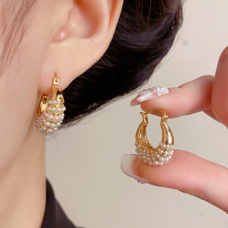 Elegant Pearl Bag Geometric Hoop Earrings – French Retro Design