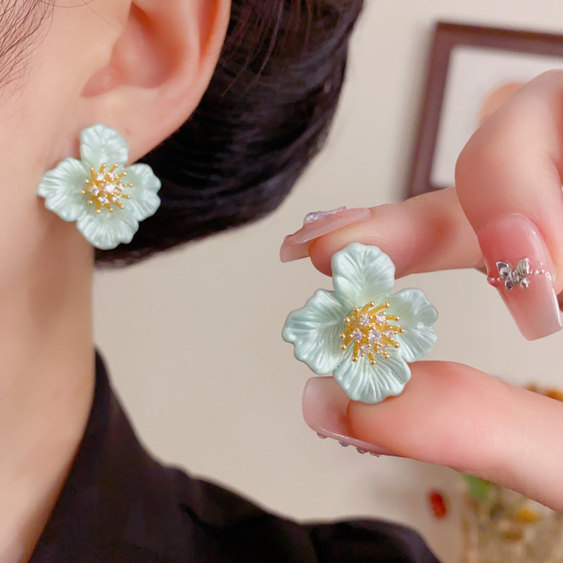 Eaioncol Green Camellia CZ Stud Earrings Gold