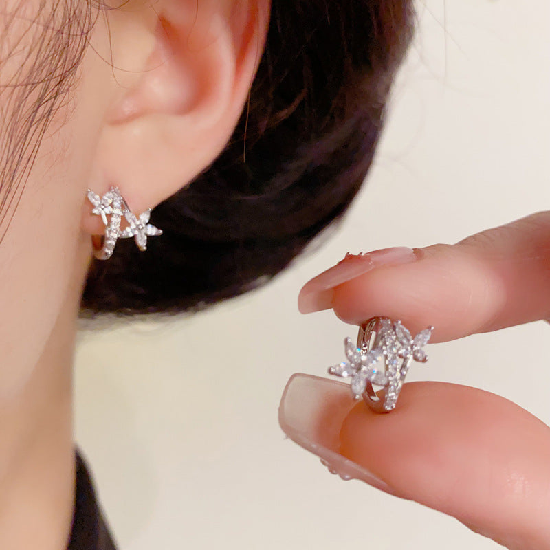 14K Gold Luxury Zircon Butterfly & Flower Earrings – Elegant Design