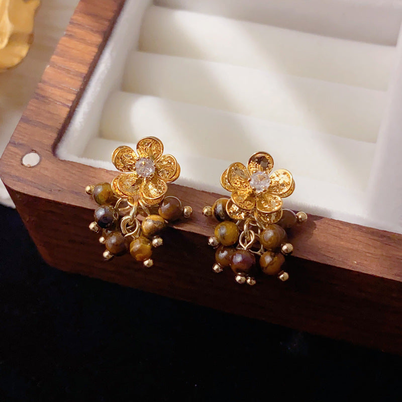 Elegant Tiger's Eye Flower Drop Earrings – Floral Design