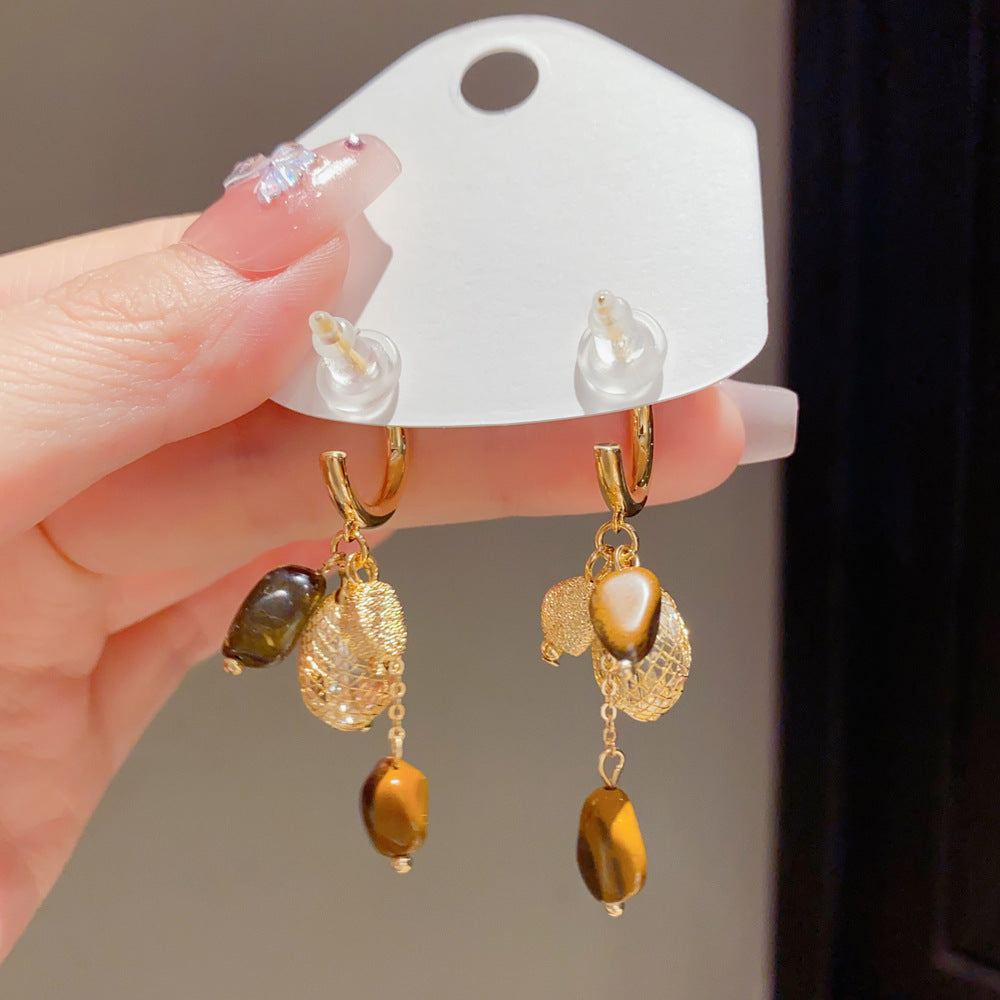 Eaioncol Mesh Tiger Eye Tassel Drop Earrings Gold