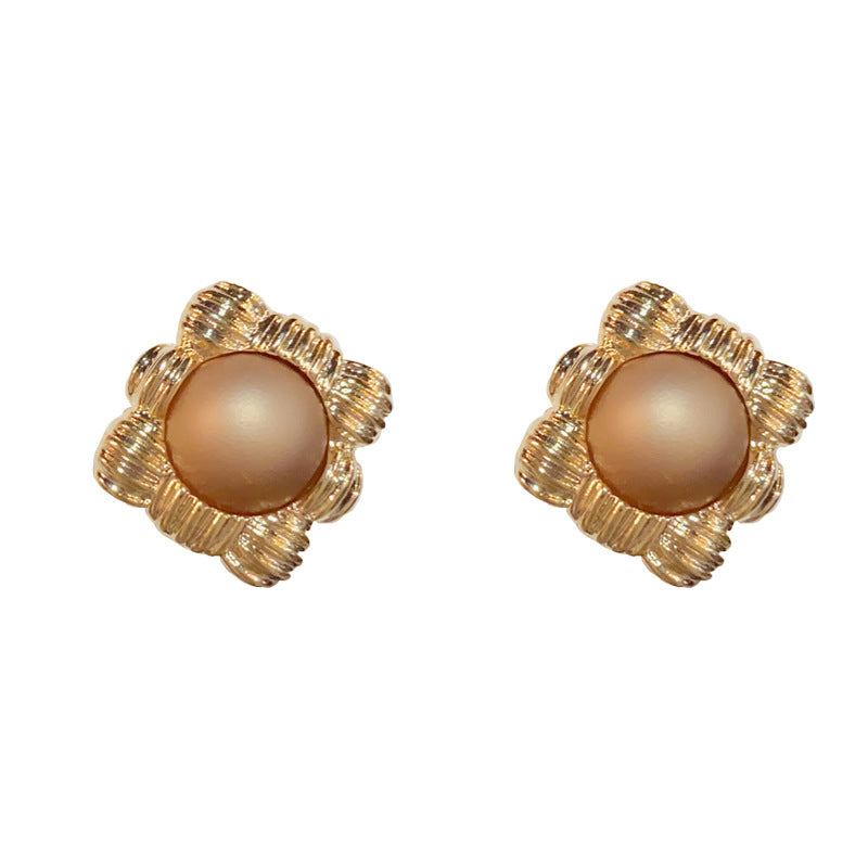 14K Gold-Plated Geometric Coffee Pearl Stud Earrings-Minimalist Design