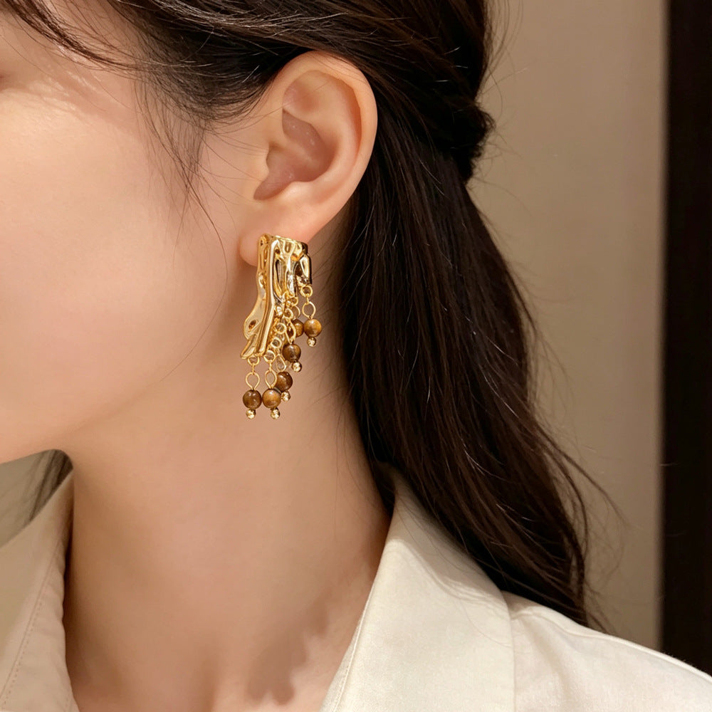Eaioncol Geometric Tiger Eye Tassel Earrings 18K Gold
