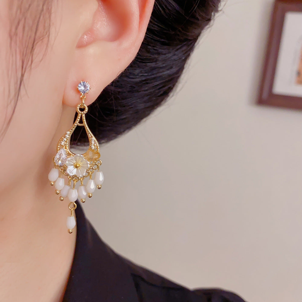 Eaioncol Floral Teardrop Tassel Drop Earrings Gold