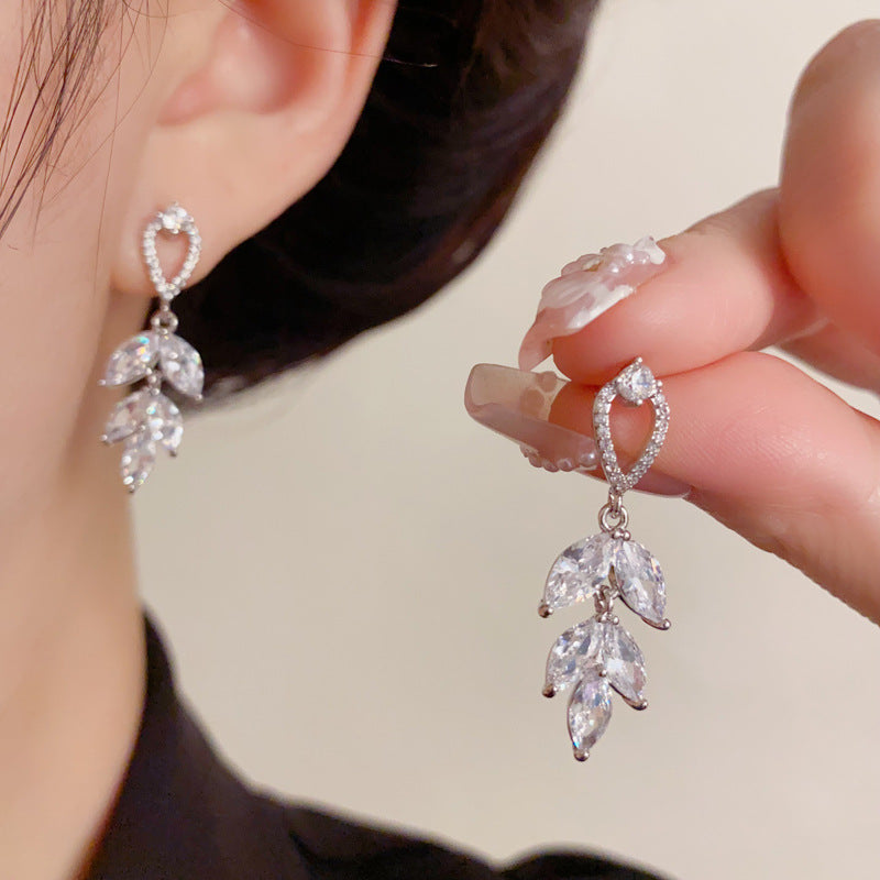Elegant Zircon Leaf Tassel Drop Earrings – French Botanical Design