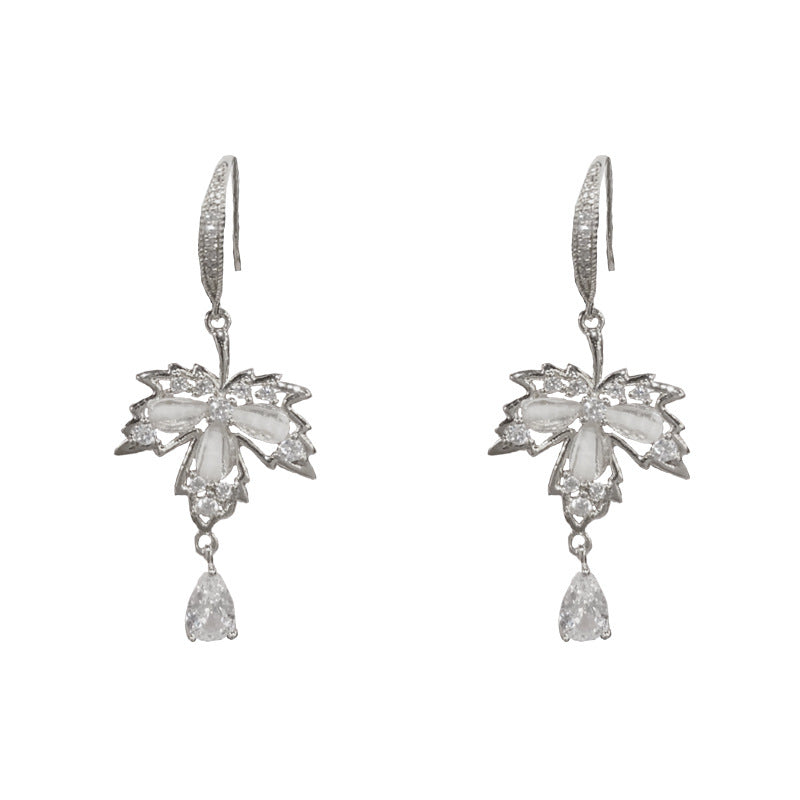 14K Gold-Plated Diamond Maple Leaf Drop Earrings-Chic & Elegant Design