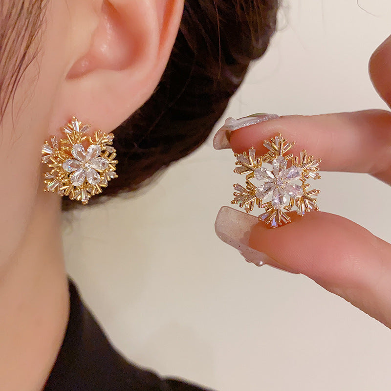 14K Gold-Plated Rotating Zircon Snowflake Stud Earrings-Winter Jewelry