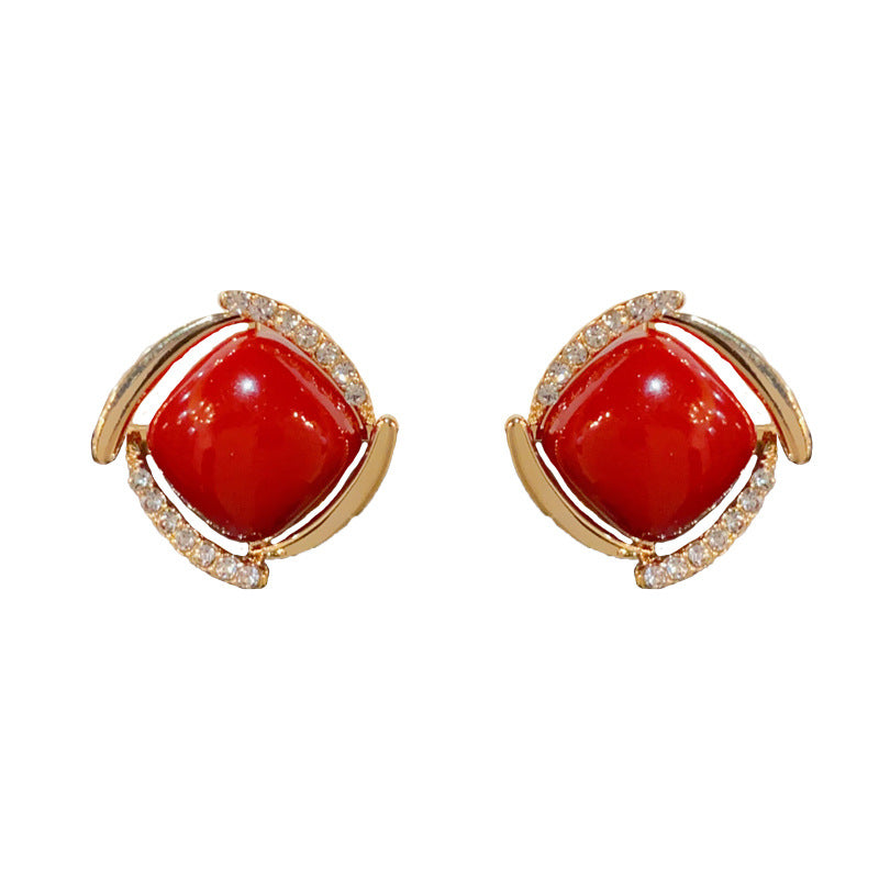 14K Gold-Plated Red Square Pearl Earrings - Vintage Minimalist Design