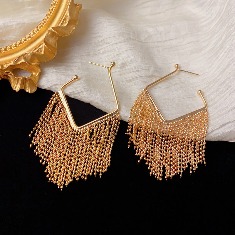 Luxury Metal V-Shaped Bead Chain Tassel Earrings – Geometric Design