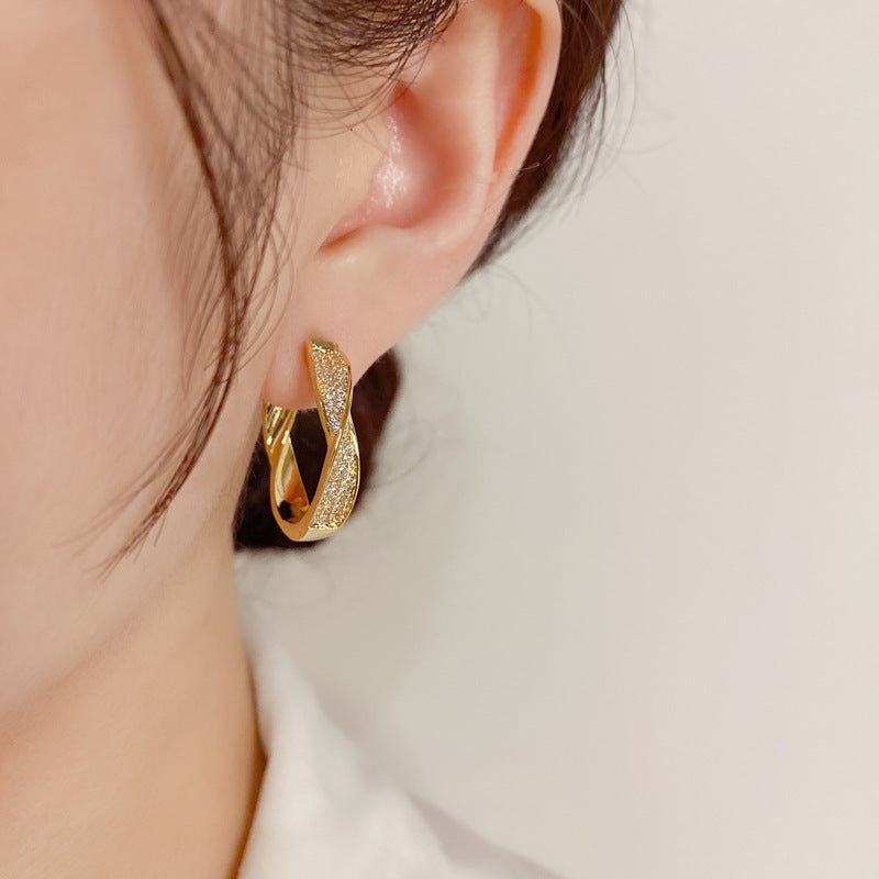 14K Gold-Plated Zircon Twisted Earrings - Elegant Geometric Studs