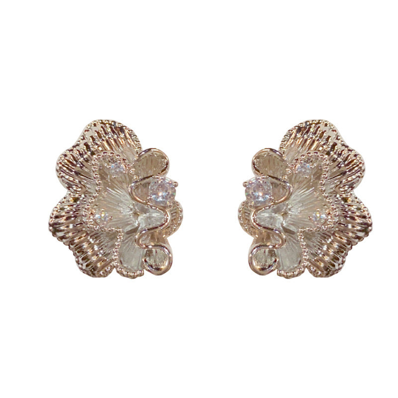 14K Gold-Plated Zircon Flower Petal Stud Earrings -Vintage Style