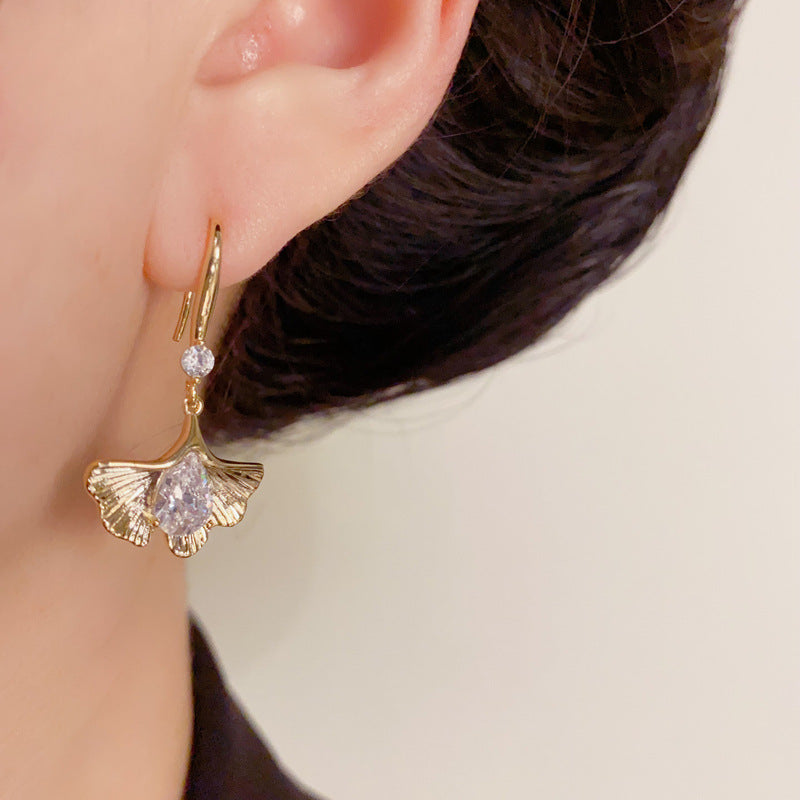 Luxury Zircon Ginkgo Leaf Ear Hook Earrings – Elegant Design