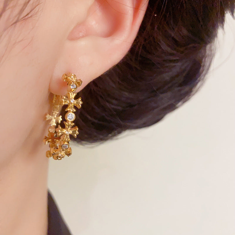 Luxury Metal Cross Hoop Earrings – Silver Needle Geometric Design