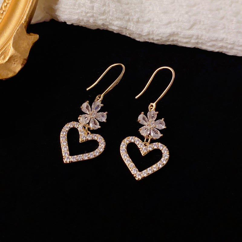 Luxury Zircon Petal Heart Tassel Hook Earrings – Elegant Design