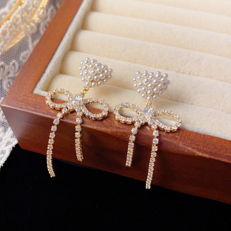 Elegant Pearl Heart Zircon Bow Drop Earrings – Romantic Design