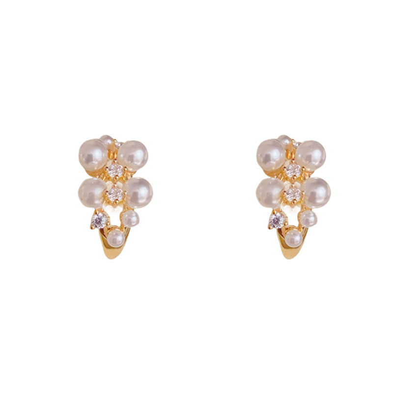 Luxury Zircon & Pearl C-Shaped Hoop Earrings – Geometric Design
