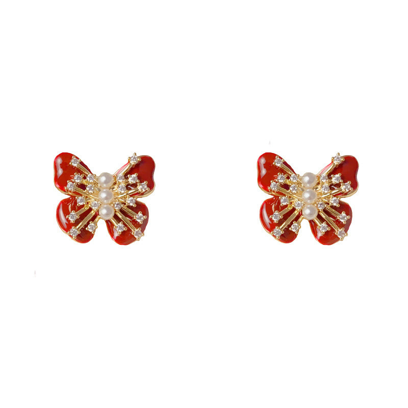Luxury Rhinestone Pearl Butterfly Stud Earrings – Elegant Design