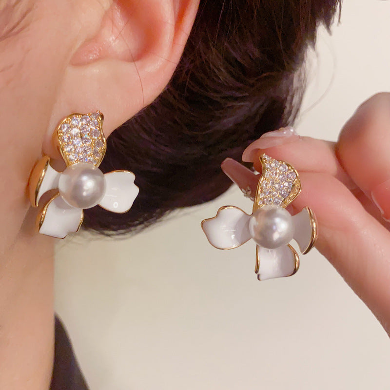 14K Gold Vintage Enamel 3D Zircon Flower Earrings – S925 Silver Needle