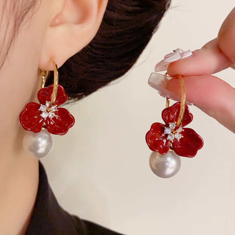 14K Gold-Plated Red Flower Pearl Earrings - Vintage Statement Design