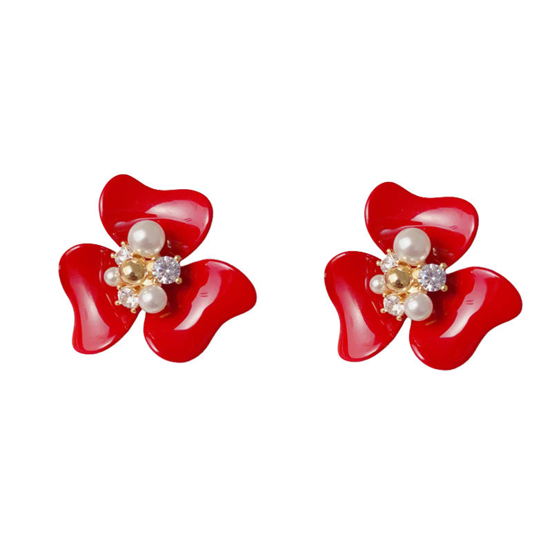 Luxury Enamel Pearl Petal Stud Earrings – Elegant Floral Design
