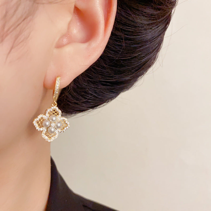 Elegant Zircon Hollow Pearl Petal Earrings – French Floral Design