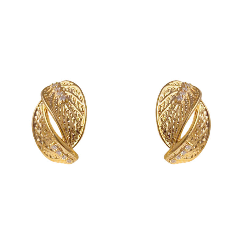 Elegant Zircon Metal Leaf Stud Earrings – Floral Design