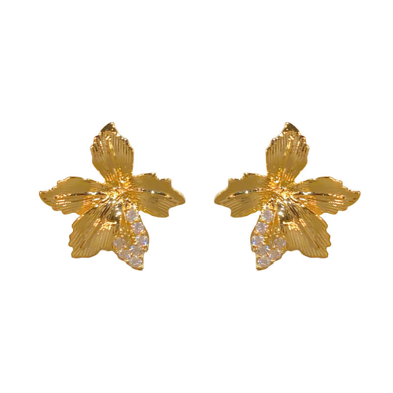 14K Gold-Plated Diamond Inlay Metal Flower Stud Earrings - Chic Design