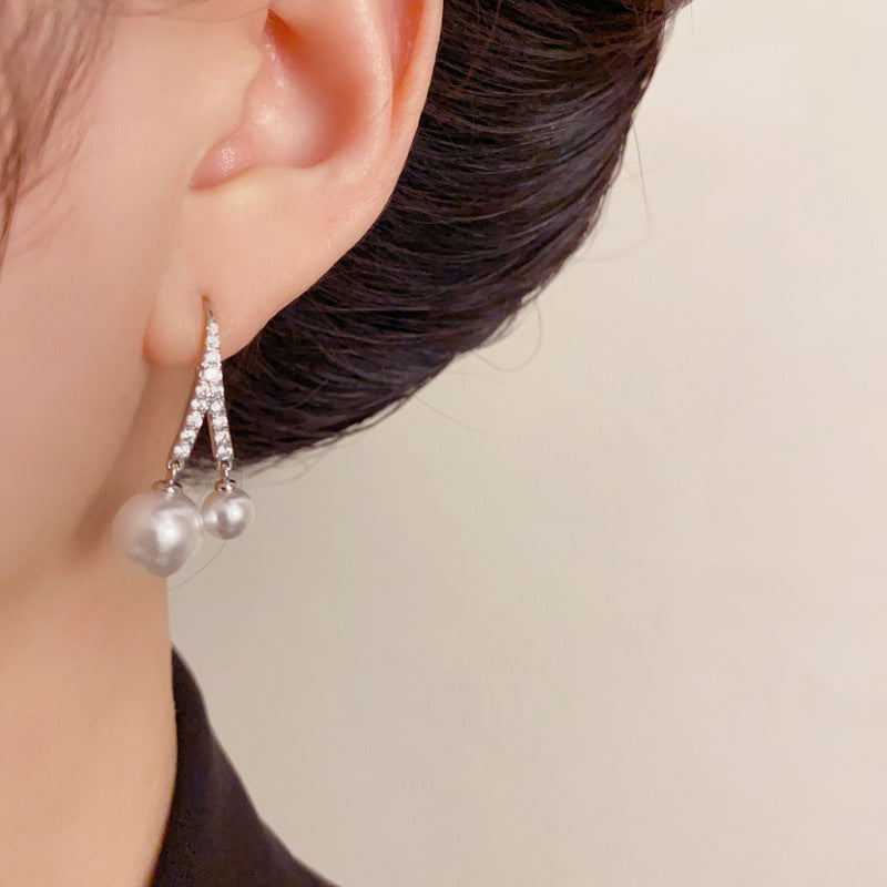 Elegant Zircon Dual Pearl Drop Earrings – Gold-Plated or Silver-Plated