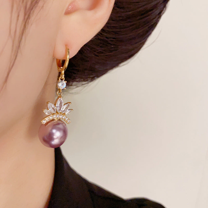 14K Gold-Plated Zircon Crown Purple Pearl Earrings - Luxe Elegance