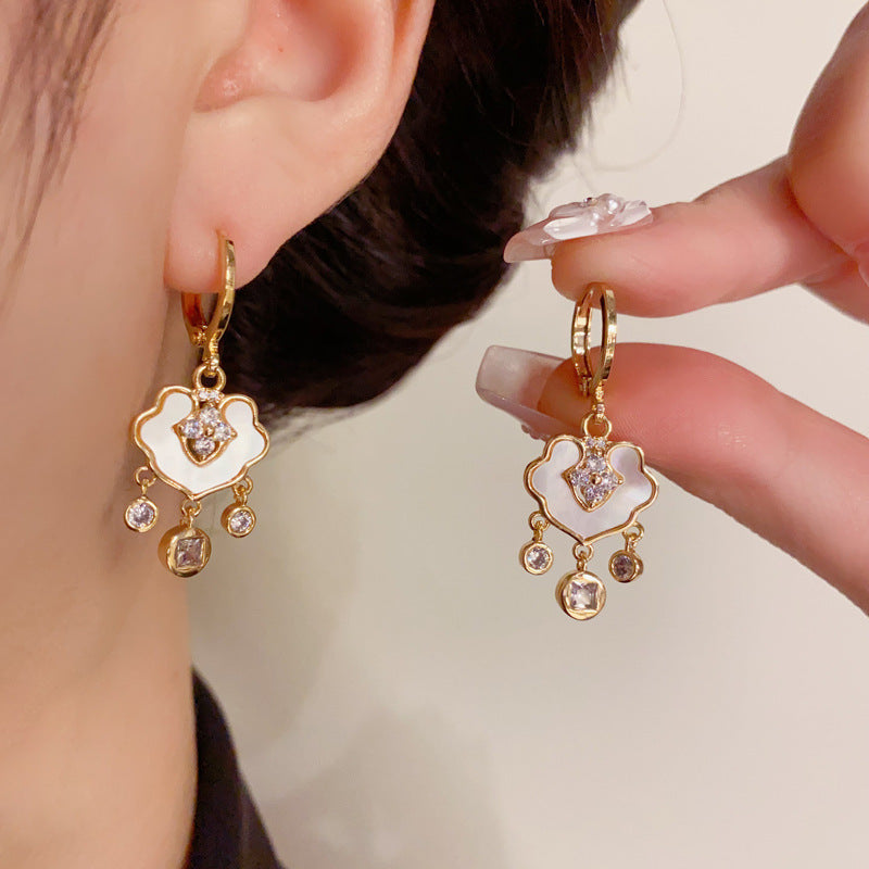 14K Gold-Plated Shell Peace Lock Tassel Earrings - Minimalist Design