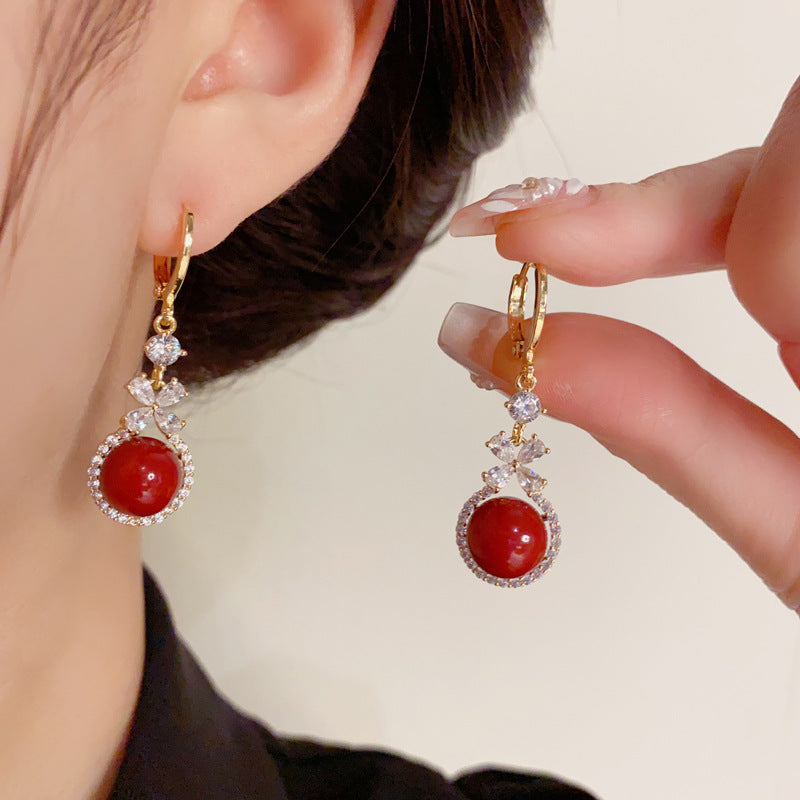 14K Gold-Plated Zircon Flower Red Pearl Hoop Earrings - Chic Design